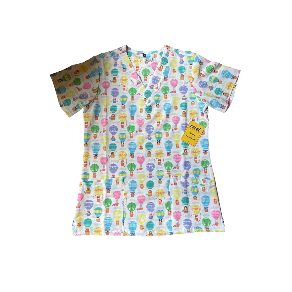 Revel Women's Hot Air Balloon Print Scrub Top Healthcare Uniform‎ NWT